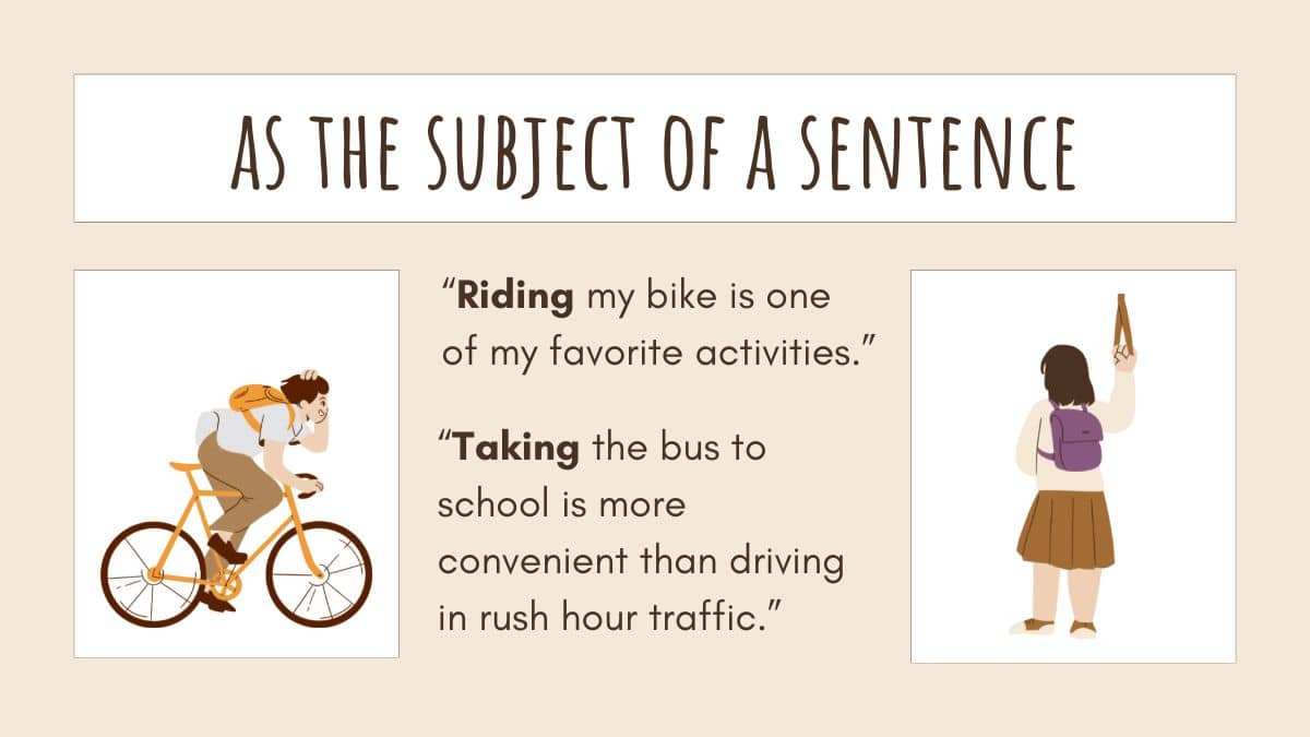 Gerundio en inglés como sujeto de la oración: ejemplos con "Riding" y "Taking".