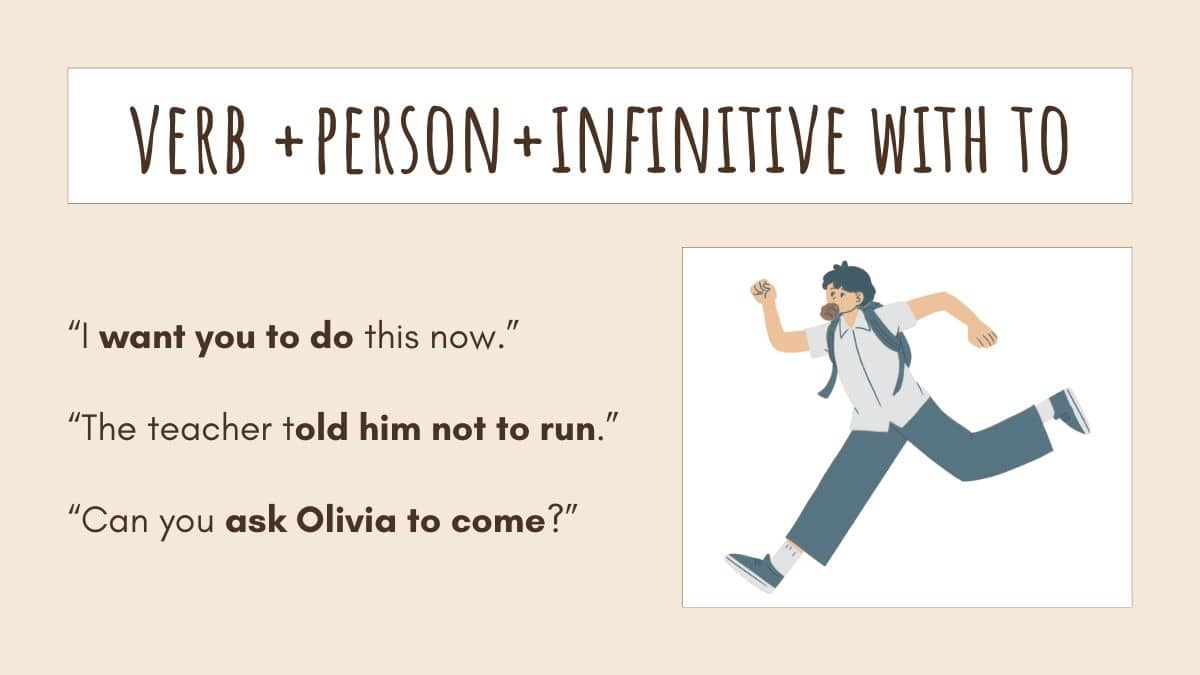 Infinitivo en Inglés con "to": ejemplos con "want you to do", "told him not to run" y "ask Olivia to come".