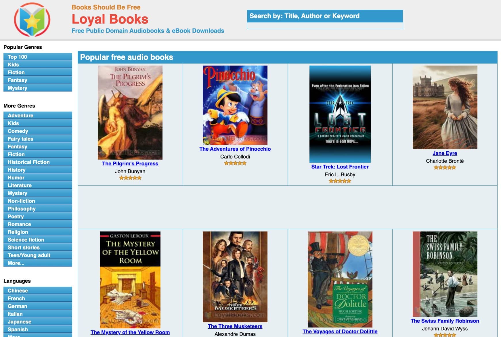 LoyalBooks, una plataforma para descargar libros en inglés y audiolibros gratuitos de dominio público.