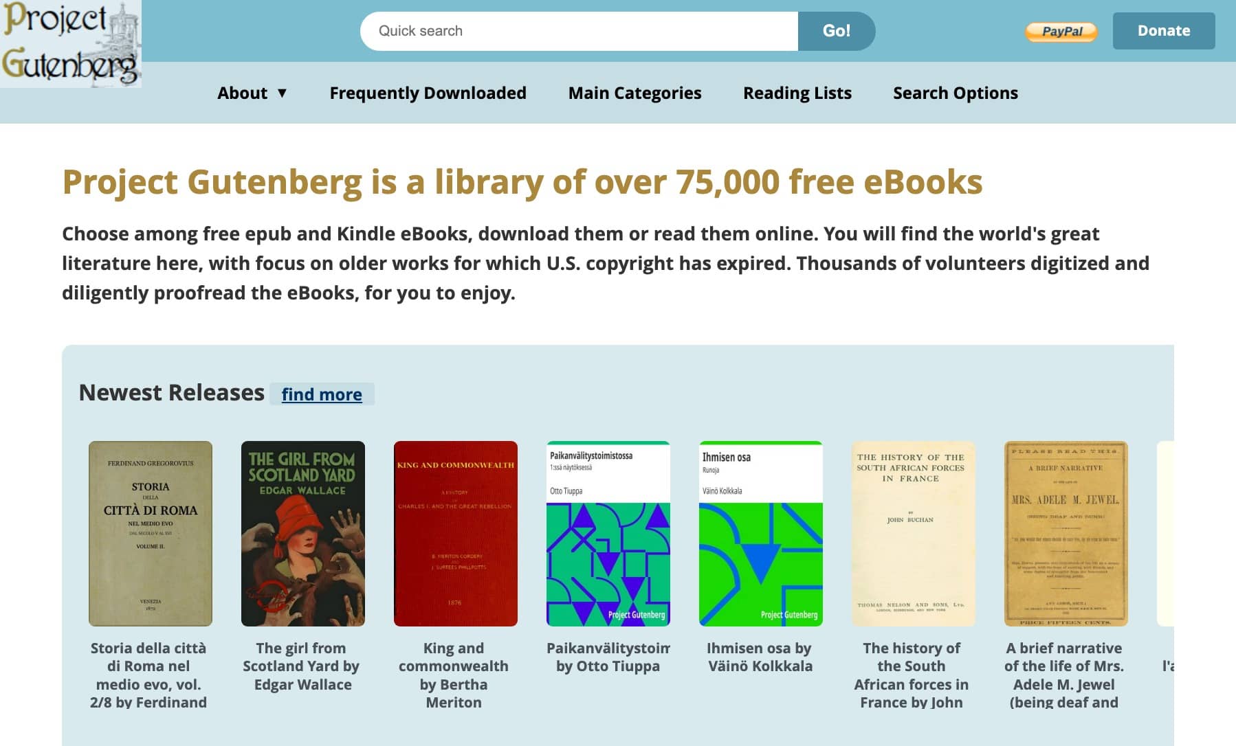 Sitio web de Project Gutenberg, con la descripción "a library of over 75,000 free eBooks". Plataforma para descargar libros en inglés.
