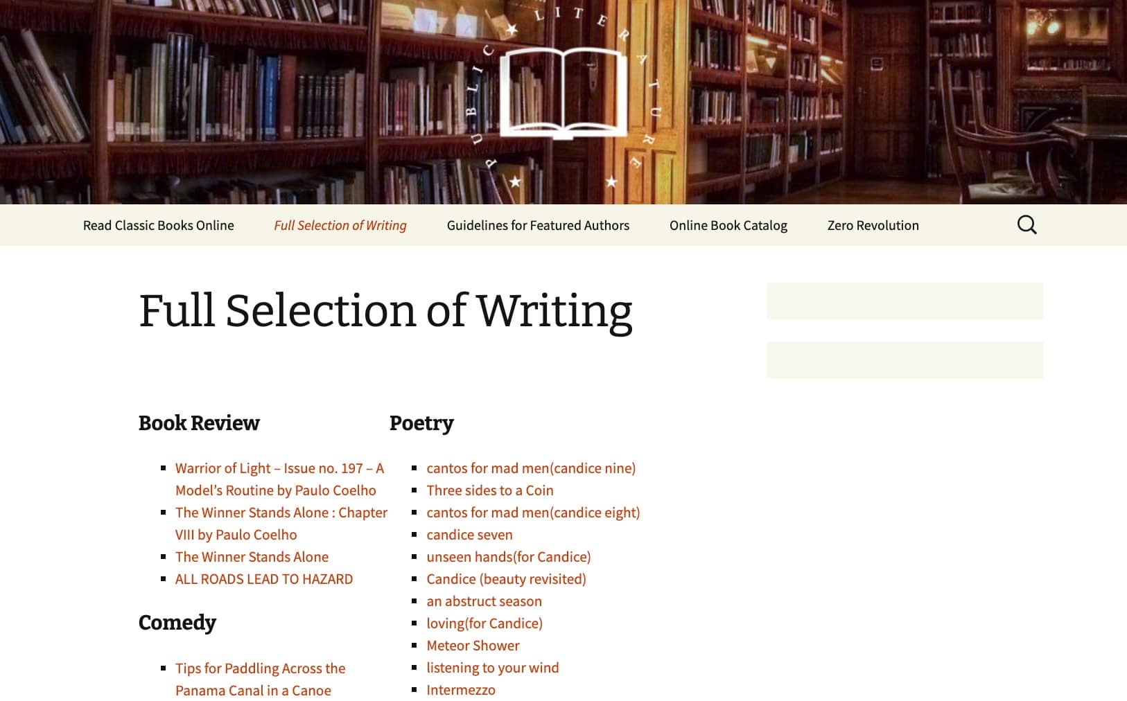 Sitio web PublicLiterature.Org, con una selección completa de escritos. Explora reseñas, poesía y comedia.