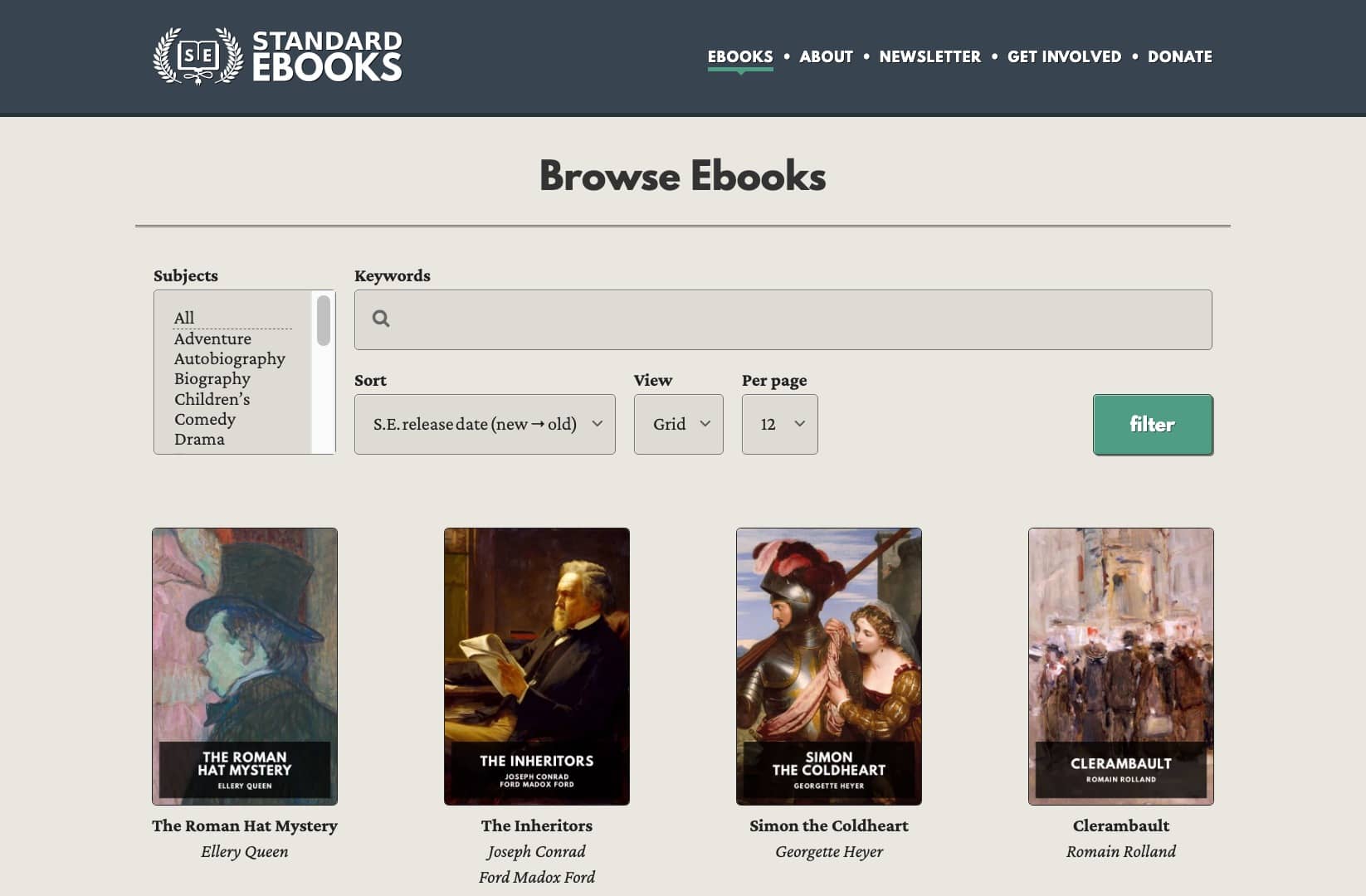 Standard Ebooks: interfaz para buscar y descargar libros en inglés por tema o palabra clave.