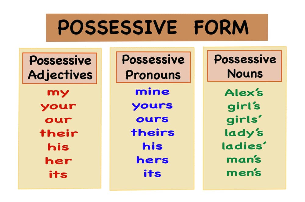Tabla que muestra los tres tipos de pronombres posesivos en inglés: adjetivos posesivos, pronombres posesivos y sustantivos posesivos, con ejemplos de cada uno.
