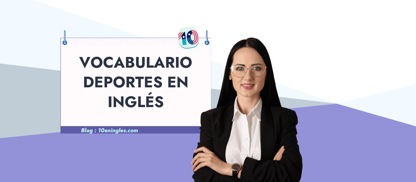 Mujer de negocios sonriente con gafas mostrando un cartel que dice "Vocabulario Deportes en Inglés". Aprende inglés deportivo.