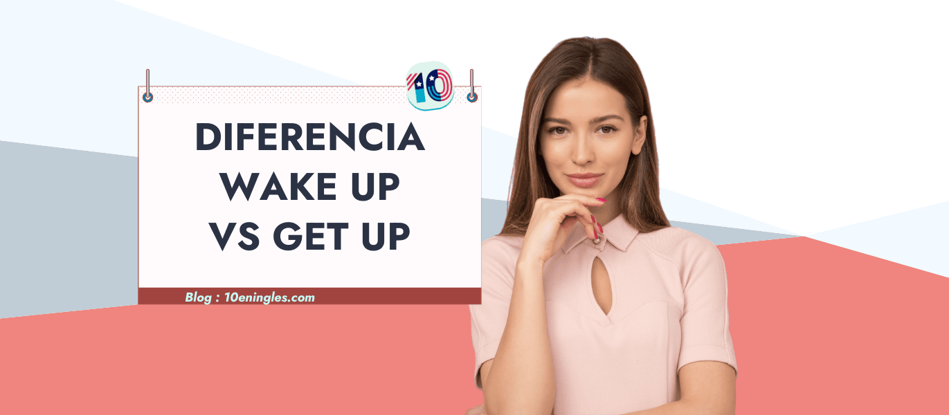 Mujer joven pensativa frente a un cartel que pregunta por la diferencia entre "wake up" y "get up" en inglés. Aprende inglés.