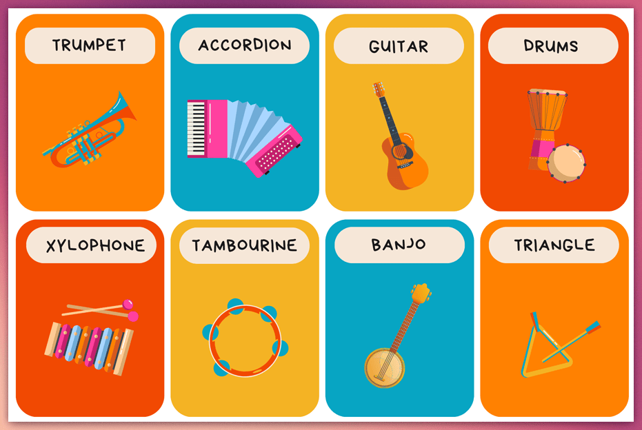 Collage de tarjetas ilustradas con varios de los instrumentos musicales en inglés más populares y sus nombres para aprender.