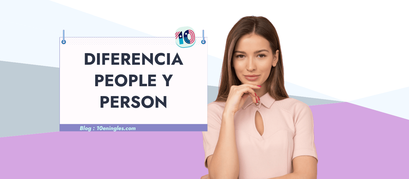 Mujer joven pensando junto a un cartel que explica la diferencia entre person y people para aprender inglés fácilmente.
