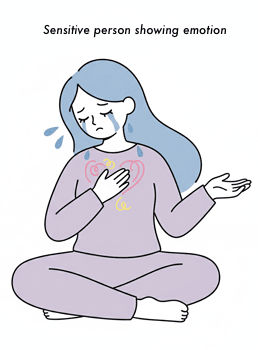 Ilustración de una mujer con emociones a flor de piel, llorando para representar el concepto de una persona 'sensitive'.