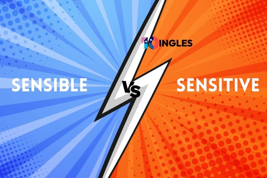Ilustración estilo cómic que compara las palabras en inglés 'sensible' y 'sensitive' sobre fondos azul y naranja.