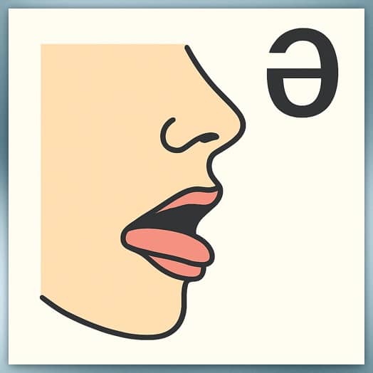 Ilustración del sonido schwa ə que muestra la posición de la boca y la lengua para una correcta pronunciación.